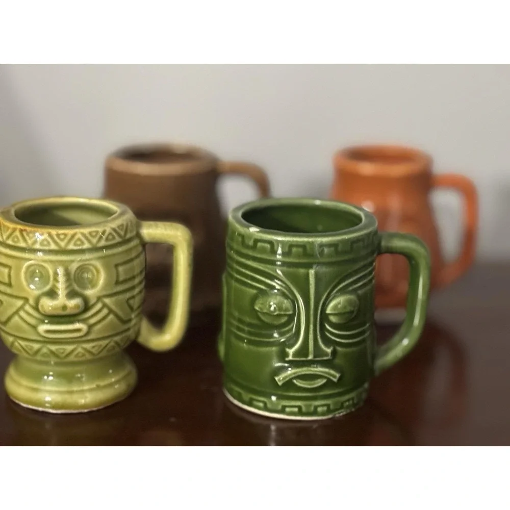 Vintage 4Pc Miniature Tiki Mask Face Mugs Shot Glasses Planters Holders